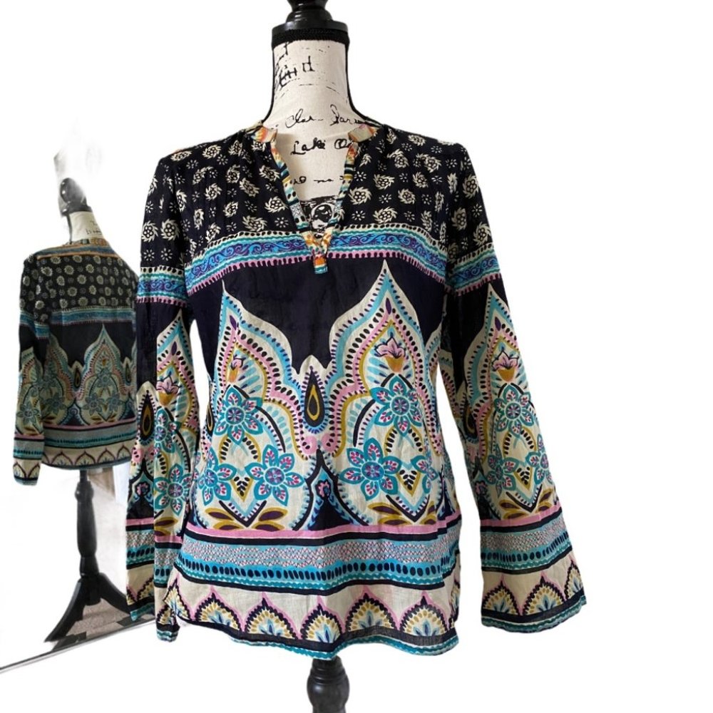 Vintage 60s Style Cotton Tunic Blouse M Colorful Psychedelic Boho Festival Top